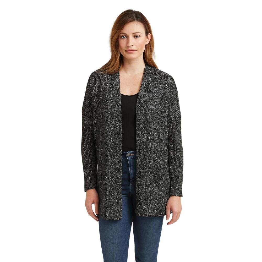 RBX Women’s Medium Open Front Cardigan Black Silver Metallic Knit Long Sleeve